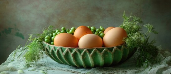Poster - Rustic bowl with green peas and brown eggs arranged artistically on a textured surface with warm muted tones in the background
