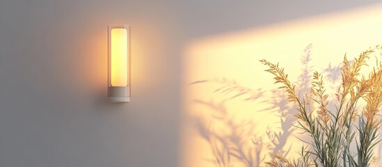 Aufkleber - Sleek wall-mounted glass lamp emitting warm light against a soft white wall with gentle plant shadows creating a modern, tranquil ambiance.