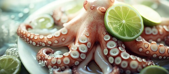 Poster - Fresh uncooked octopus with vibrant pink and white tentacles positioned center, garnished with bright green lime slices, on a white plate.