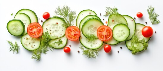 Aufkleber - Colorful top view of a fresh vegetarian salad with green cucumber slices, ripe red tomatoes, and vibrant herbs arranged on a white background.