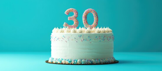 Poster - Celebratory birthday cake adorned with the number 30 against a bright turquoise background, featuring white frosting and colorful sprinkles.