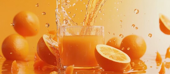 Poster - Vibrant orange background with fresh orange juice splashing into a glass surrounded by oranges creating a refreshing and lively scene