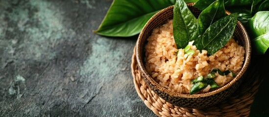 Poster - Brown rice dish in a woven bowl garnished with green betel leaves on a dark textured surface highlighting Thai snacks and cuisine.
