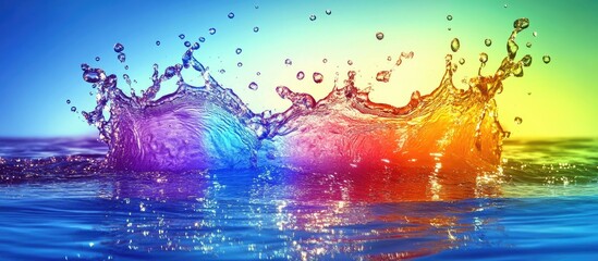 Fototapete - Vibrant water splash in shades of blue, purple, pink and orange creating a stunning abstract art with dynamic colors and reflections in water.