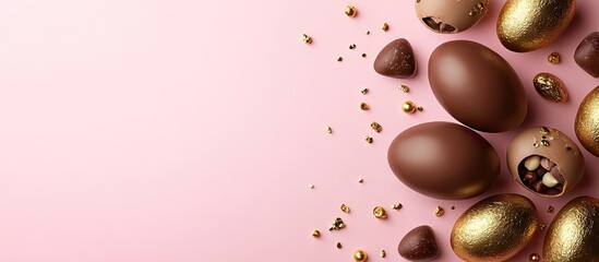 Poster - Assorted chocolate eggs and praline candies in varying shades of brown and gold on a soft pink background creating a vibrant festive Easter theme