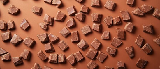 Poster - Rich cocoa chocolate cereal pieces scattered on a smooth light brown background, showcasing their textures in a minimalistic arrangement.