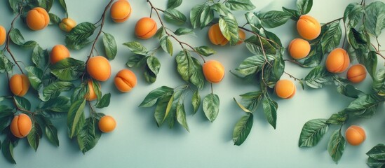 Aufkleber - Fresh apricots hanging on green branches against a soft mint background with lush green leaves creating a vibrant summer vibe.