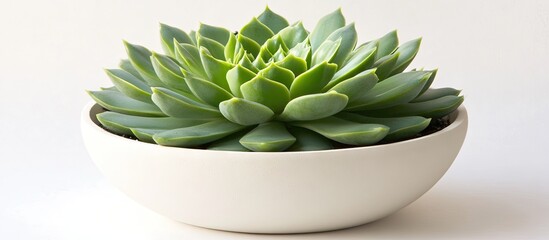 Aufkleber - Lush green succulent arrangement in a sleek white bowl placed centrally on a light beige background highlighting vibrant foliage details.