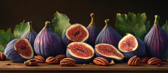 Poster - Vibrant display of fresh ripe figs and pecans on a wooden surface with deep purple and green tones highlighting cut figs and whole nuts.