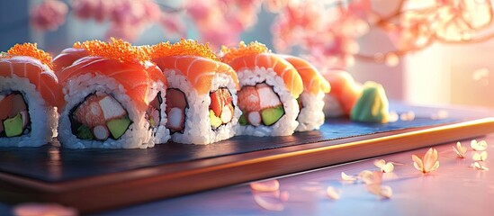 Poster - Sushi selection on a dark wooden platter featuring vibrant orange salmon and assorted fillings with pink cherry blossoms in soft background light