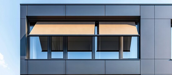 Aufkleber - Elegant modern building facade showcasing two large windows with a beige awning, positioned centrally against a sleek dark blue background.