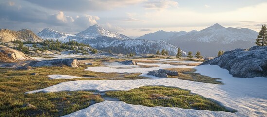 Aufkleber - Expansive landscape with melting snow patches on the left and center, showcasing seasonal transition with green grass and rocky terrain under soft light.
