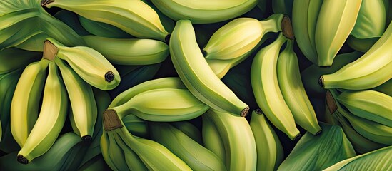 Aufkleber - Vibrant green bananas stacked in a pile with varying shades of green and detailed textures surrounded by lush green leaves in a dynamic composition