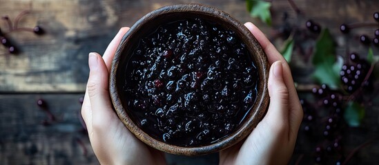 Poster - Bowls of black berries held in hands on a dark wooden table with green leaves scattered around creating an organic and rustic atmosphere.
