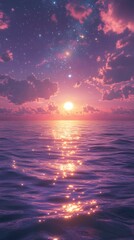 Poster - Serene twilight constellations glitter the purple sky with the setting sun casting its glow The mezzoforce ice effect adds clarity to rippling waters where lights flicker and a rainbow shines softly