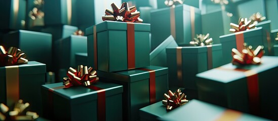 Poster - Glossy teal gift boxes with gold ribbons stacked in a creative tower against a soft focus green background creating an elegant holiday display