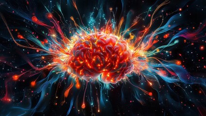 Poster - Vibrant Abstract Representation of Brain Activity with Colorful Energy Pulses and Swirls Against a Dark Background