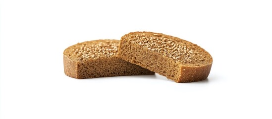 Poster - Halved rye bread slices on a white background feature a rich brown color and unique texture showcasing the grains and spongy crumb of rye.