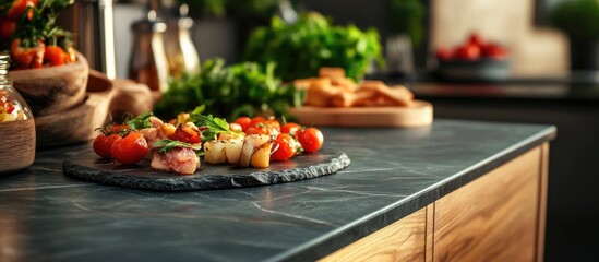 Aufkleber - Black slate countertop with gourmet food presentation featuring colorful cherry tomatoes and herbs against a backdrop of warm wooden tones