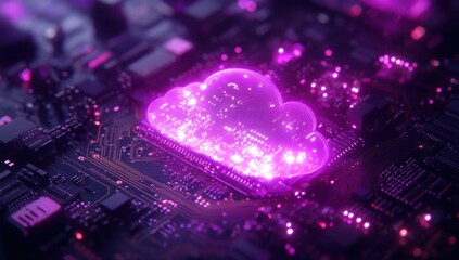 Poster - Vibrant Cloud Technology on Circuit Board with Neon Purple Lights illustrating Digital Transformation in Modern Networking and Data Storage Systems