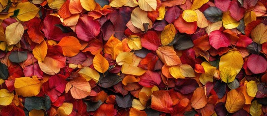 Aufkleber - Vibrant autumn leaves in hues of red, orange, and yellow blanket the ground, creating a stunning natural carpet in a serene park setting.