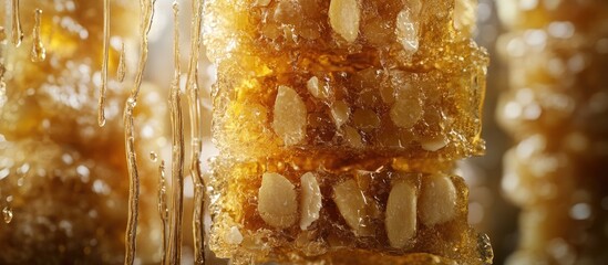 Poster - Delicious golden honey almond granola bars stacked vertically showcasing a glossy texture with visible almond pieces in a soft warm light setting.