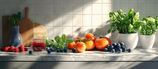 Poster - Vibrant assortment of freshly picked vegetables and fruits including oranges and blueberries on a bright marble countertop with soft natural lighting
