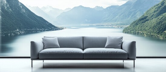 Aufkleber - Serene modern interior with a sleek grey sofa centered against a breathtaking lake and mountain landscape featuring soft blue and green tones.