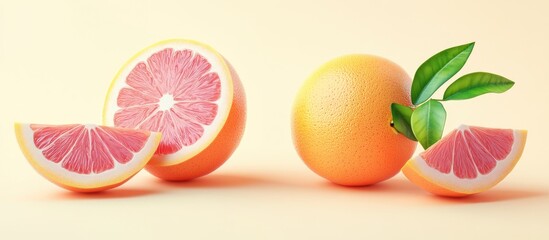 Poster - Vibrant grapefruit slices with a whole grapefruit and orange, set against a soft pastel background, showcasing fresh, juicy colors and textures.
