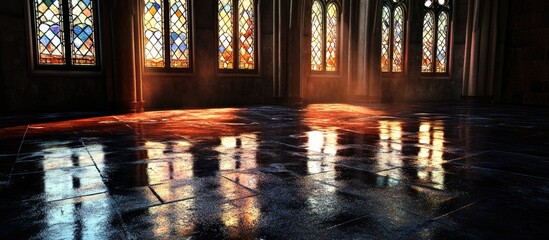 Aufkleber - Dark reflective floor illuminated by stained glass windows creating a warm atmospheric glow showcasing intricate textures and vibrant colors.