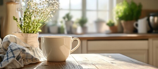 Fototapete - Charming farmhouse kitchen with a white tea cup on a wooden table surrounded by greenery and a warm morning light creating a cozy breakfast scene