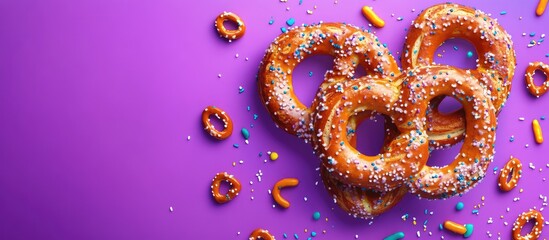 Poster - Vibrant purple background featuring a cluster of salted pretzels and colorful candy scattered joyfully, capturing a festive and playful atmosphere.