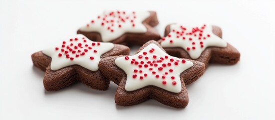 Aufkleber - Star-shaped chocolate cookies with white icing and red sprinkles arranged on a light background, perfect festive treat for holiday celebrations