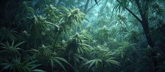 Poster - Lush green cannabis plants illuminated softly in a dark forest, surrounded by a dense jungle, creating a tranquil nighttime atmosphere.