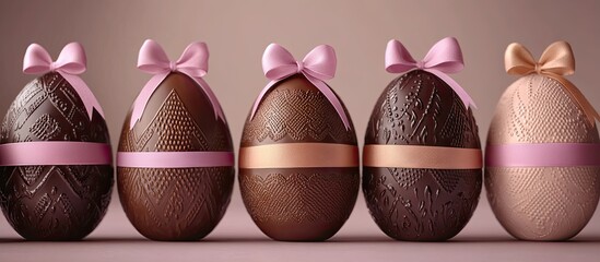 Poster - Festively arranged oversized chocolate Easter eggs in shades of brown with pink decorative ribbons against a soft neutral background