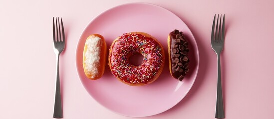 Poster - Colorful doughnuts on a pink plate with silver forks on either side showcasing indulgent fast food trends and vibrant unhealthy treats in top view.