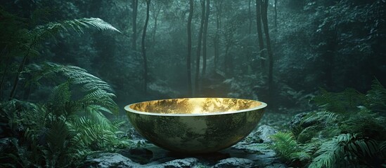 Aufkleber - Vibrant golden bowl in lush green forest setting surrounded by dense foliage and misty atmosphere creating a serene and magical environment