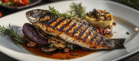 Poster - Grilled fish fillet elegantly plated on white dish with charred eggplant and herbs in rich sauce against dark background showcasing vibrant colors