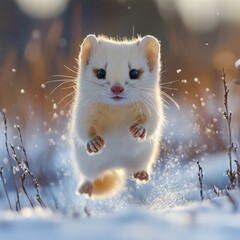 Poster - Sharpfocused image of a white stoat midleap fur detailed and joyful expression captured set against a snowy background with soft patches of blurred grass showcasing its playful energy