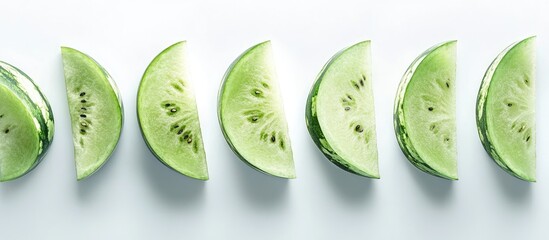 Poster - Fresh green watermelon slices arranged neatly against a clean white backdrop showcasing their vibrant color and juicy texture from left to right