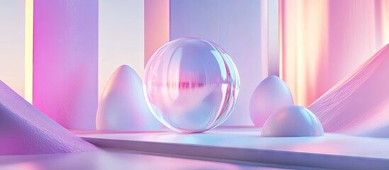 Aufkleber - Holographic geometric figure surrounded by soft pastel mountains in pink and blue hues with captivating light reflections and smooth textures