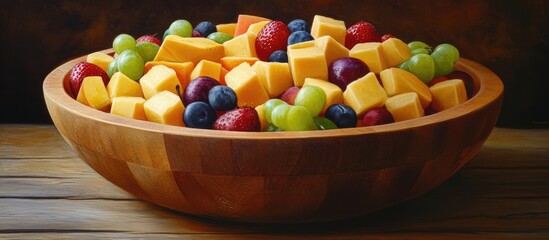 Poster - Vibrant wooden bowl filled with assorted fruits including melon, grapes, and berries alongside cheese cubes on a rustic wooden table