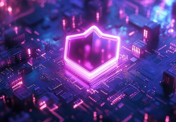 Poster - Vibrant Neon Circuit Board with Futuristic Glow and Abstract Shape Representing Technology and Innovation in a Modern Digital World