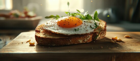 Poster - Delicious close-up of a fried egg topped with herbs on multigrain toast placed on a wooden board with a soft kitchen background ambiance