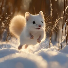 Poster - Sharpfocused image of a white stoat midleap fur detailed and joyful expression captured set against a snowy background with soft patches of blurred grass showcasing its playful energy