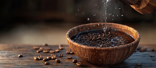Poster - Freshly brewed coffee in a wooden bowl with coffee grounds surrounded by coffee beans and warm water being poured from a kettle on a rustic table