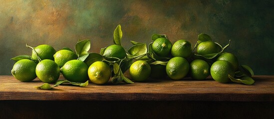 Poster - Vibrant green limes with leaves arranged on a rustic wooden table against a textured dark background highlighting their freshness and natural appeal