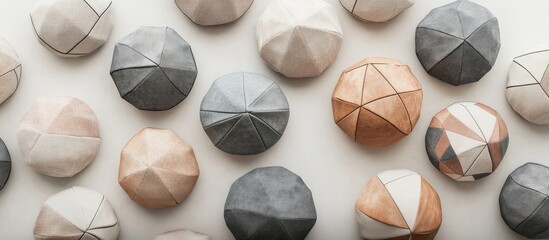 Aufkleber - Geometric round cushions in soft beige and gray tones arranged in a stylish pattern against a clean white background enhancing modern interior decor