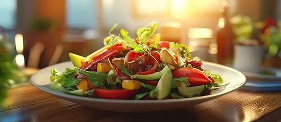 Poster - Vibrant fresh salad on a white plate featuring greens, cherry tomatoes, peppers, and cucumbers, displayed in warm sunlight, capturing appetizing textures.