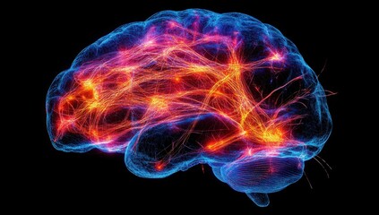 Poster - Vibrant Neural Network Visualization Showcasing Connections and Activity in Human Brain with Colorful Light Trails on Black Background